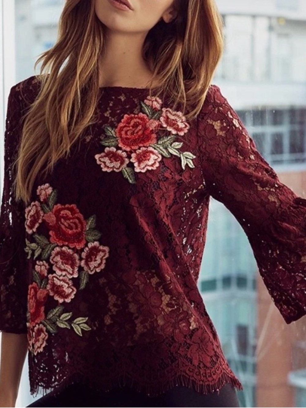Karen Kane Burgundy Lace with Floral Embroidery Embellished Bell Sleeve Lace Top - Picture 9 of 16